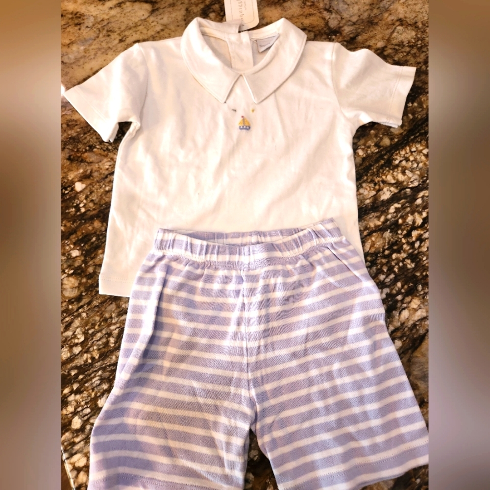 White Polo Shirt and Purple Striped Shorts Set new top, vguc shorts